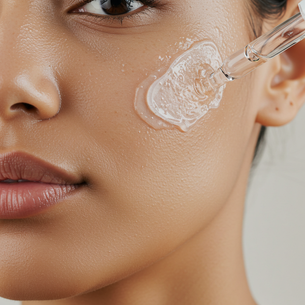 Close-up of a woman applying a skincare serum to her cheek with a glass dropper, illustrating improved product absorption.