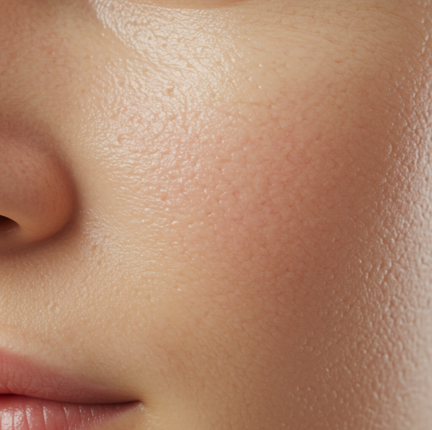 Close-up of a person's cheek with visible skin texture and pores.