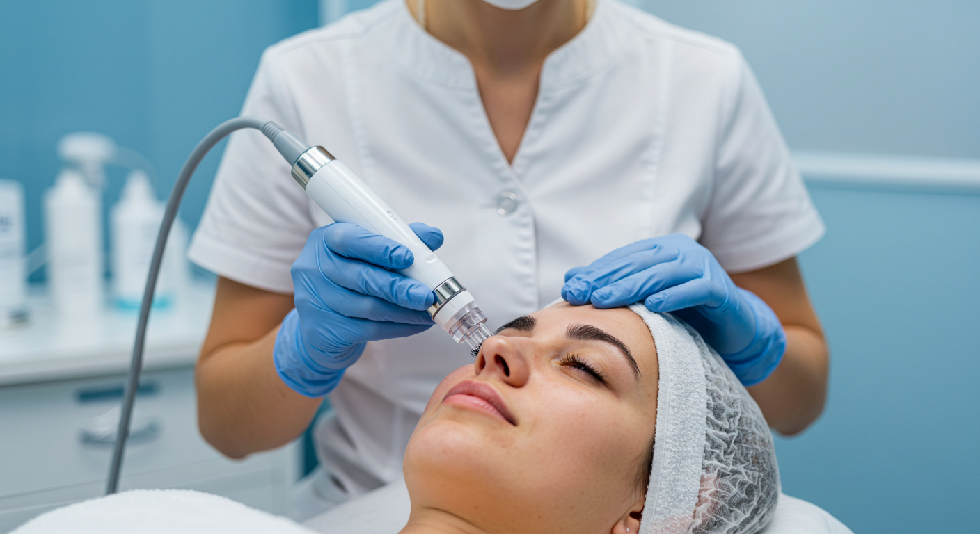 A skincare professional performing a microneedling treatment in a clean, modern med spa, showcasing precision and care.