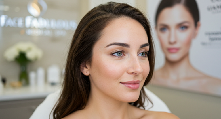 Close-up of a woman's radiant skin after a microneedling treatment in Face Fabulous Medical Spa