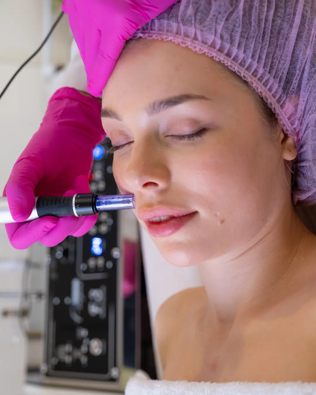 Microneedling treatment being performed on a client's cheek